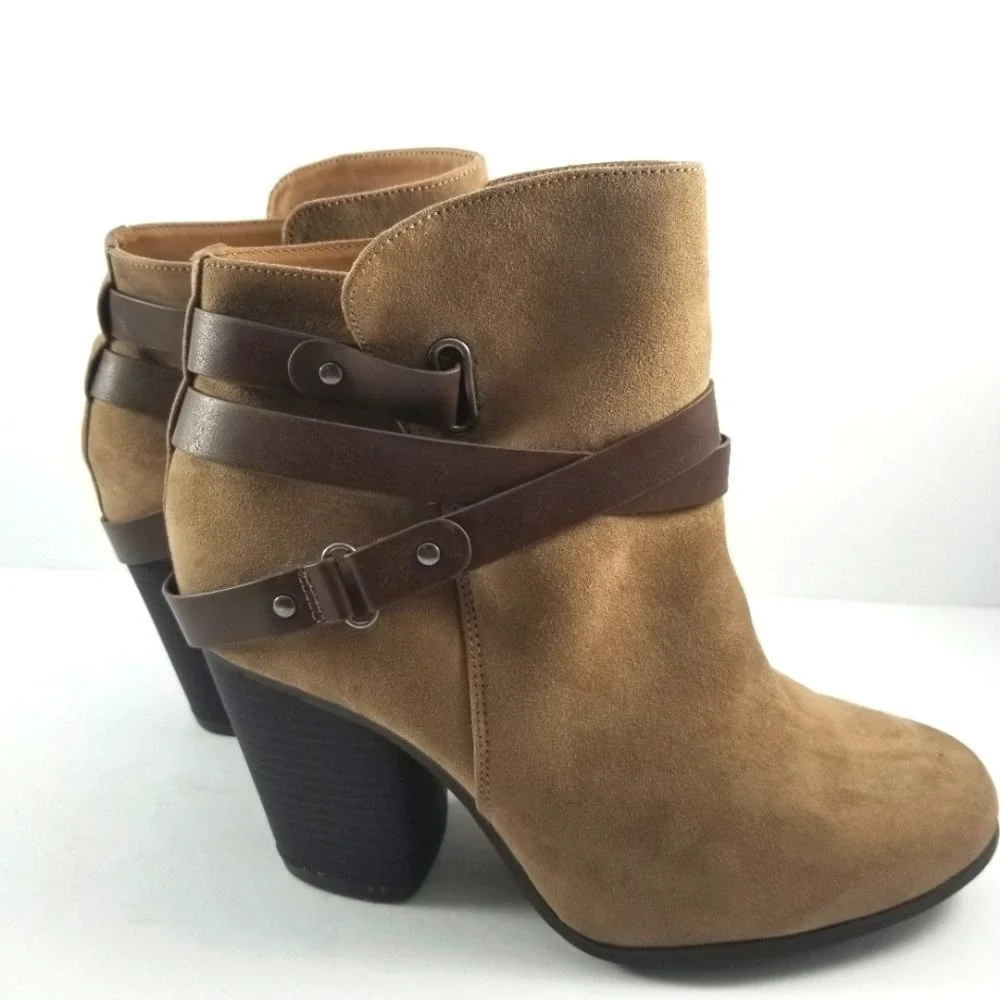 Tan Microfiber Suede Harness Ankle Boots‎ Brown Straps Block Heel 9W